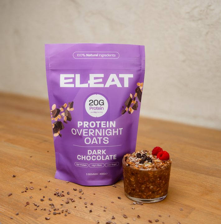 Prepared ELEAT protein overnight oats with fruit toppings